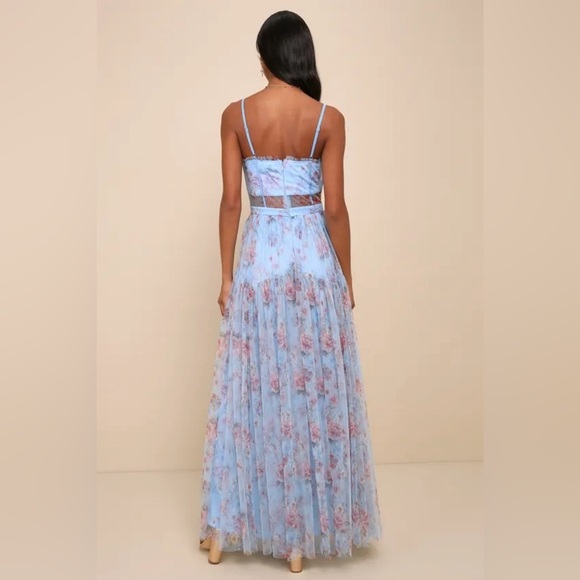 Lulus Sultry Luxury Blue Floral Print Mesh Tiered Bustier
Maxi Dress, Size XL - Picture 6 of 7